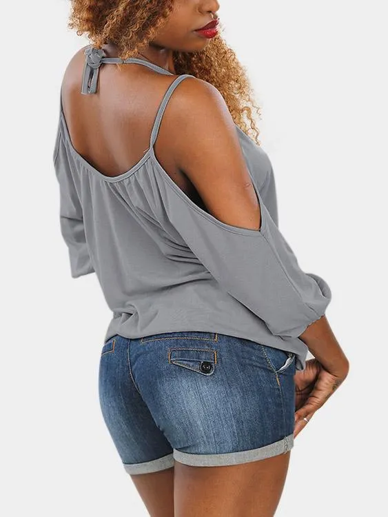 Custom V-Neck Cold Shoulder Plain Crossed Front Cut Out Half Sleeve Grey T-Shirts