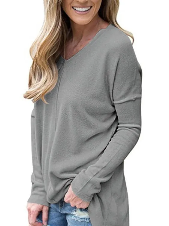 Custom V-Neck Long Sleeve Slit Hem Grey T-Shirts