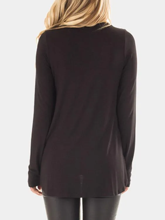 Custom V-Neck Plain Crossed Front Lace-Up Long Sleeve Black Top