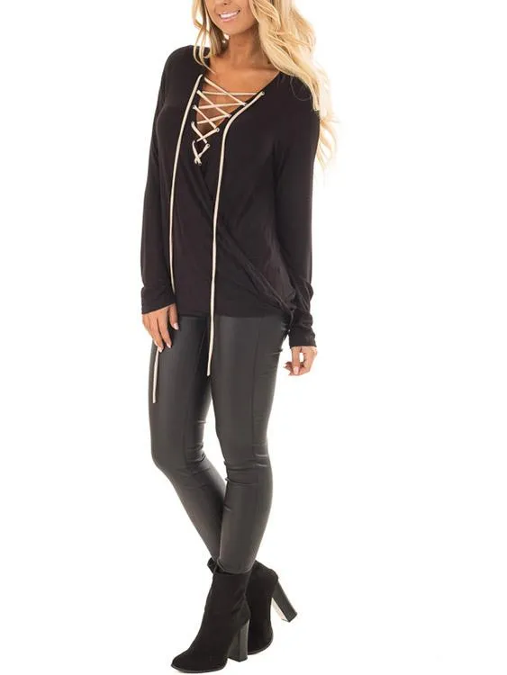 Custom V-Neck Plain Crossed Front Lace-Up Long Sleeve Black Top