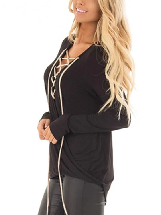 Custom V-Neck Plain Crossed Front Lace-Up Long Sleeve Black Top