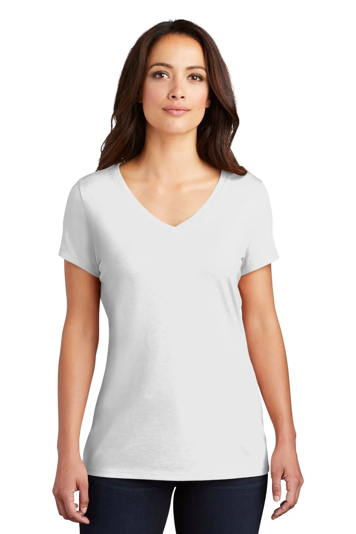 District Womens Perfect Tri V-Neck Custom Tees, White
