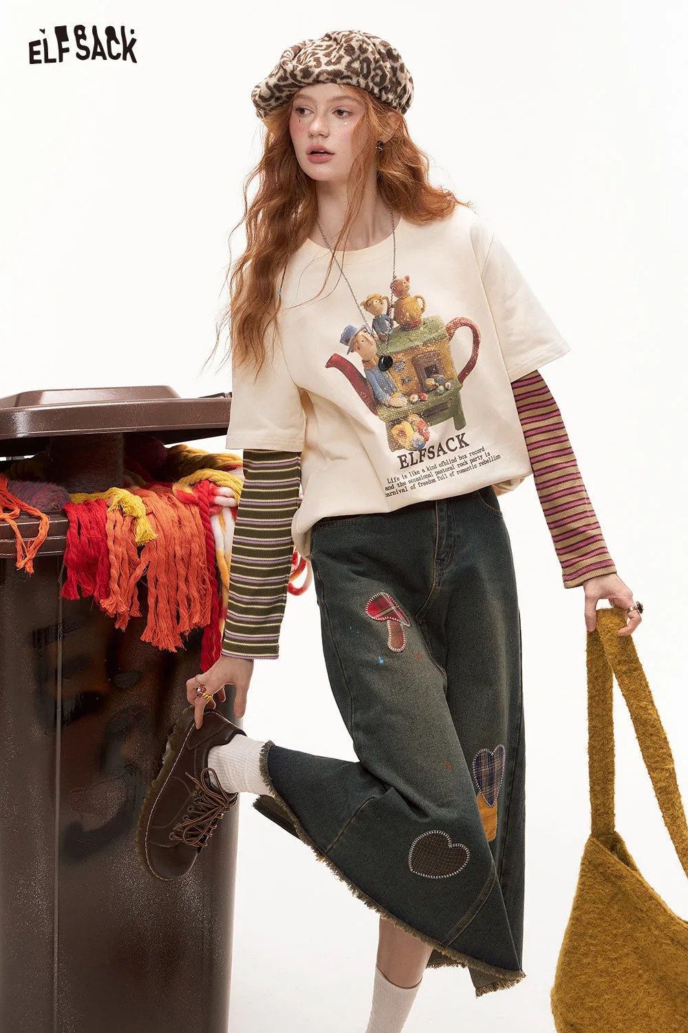 ELFSACK 2024 Autumn New Arrivals Color Block Striped Layered Long Sleeve T-Shirt for Women College Style