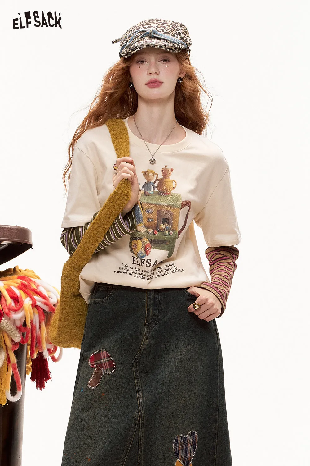 ELFSACK 2024 Autumn New Arrivals Color Block Striped Layered Long Sleeve T-Shirt for Women College Style