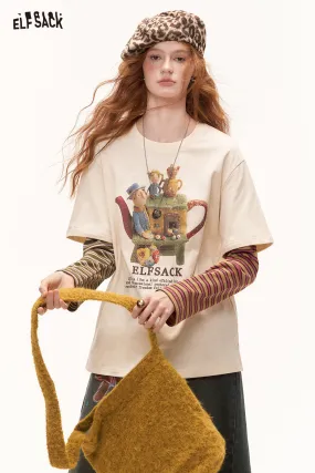 ELFSACK 2024 Autumn New Arrivals Color Block Striped Layered Long Sleeve T-Shirt for Women College Style