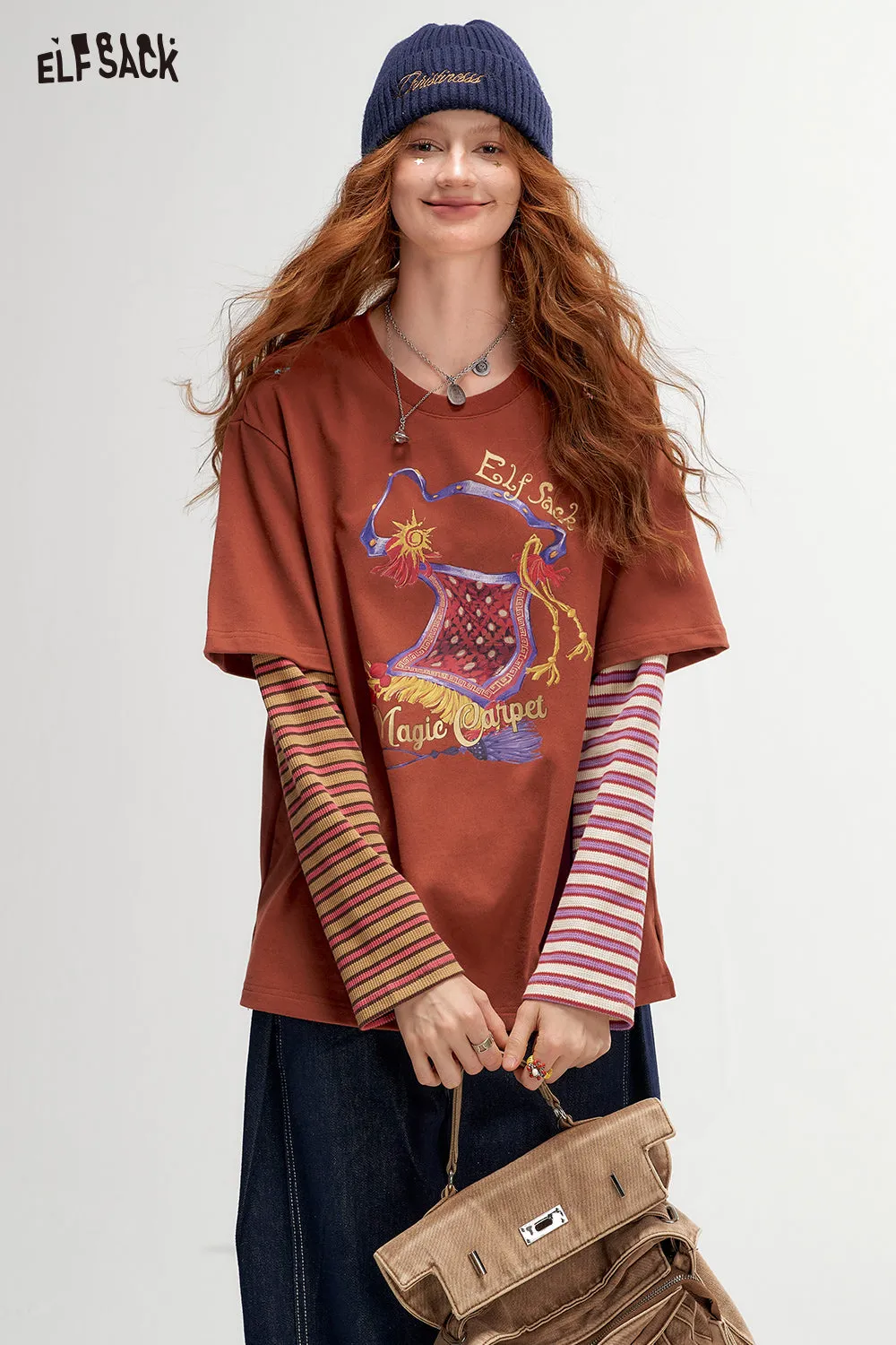 ELFSACK 2024 Autumn New Arrivals Color Block Striped Layered Long Sleeve T-Shirt for Women College Style