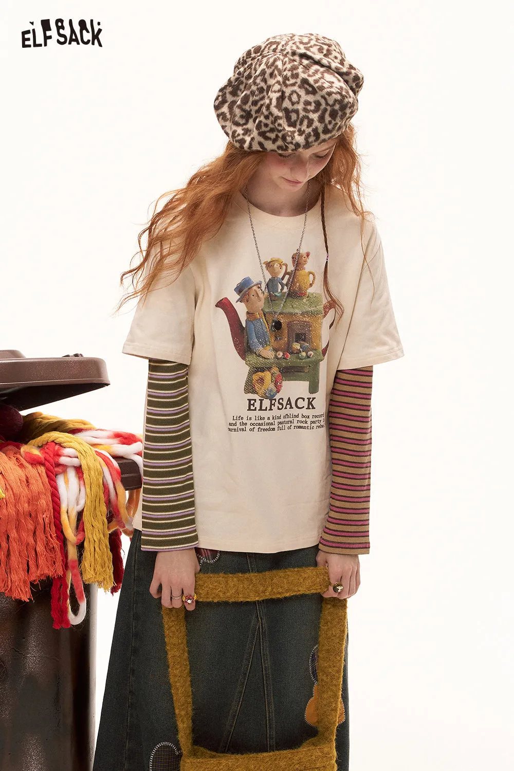 ELFSACK 2024 Autumn New Arrivals Color Block Striped Layered Long Sleeve T-Shirt for Women College Style