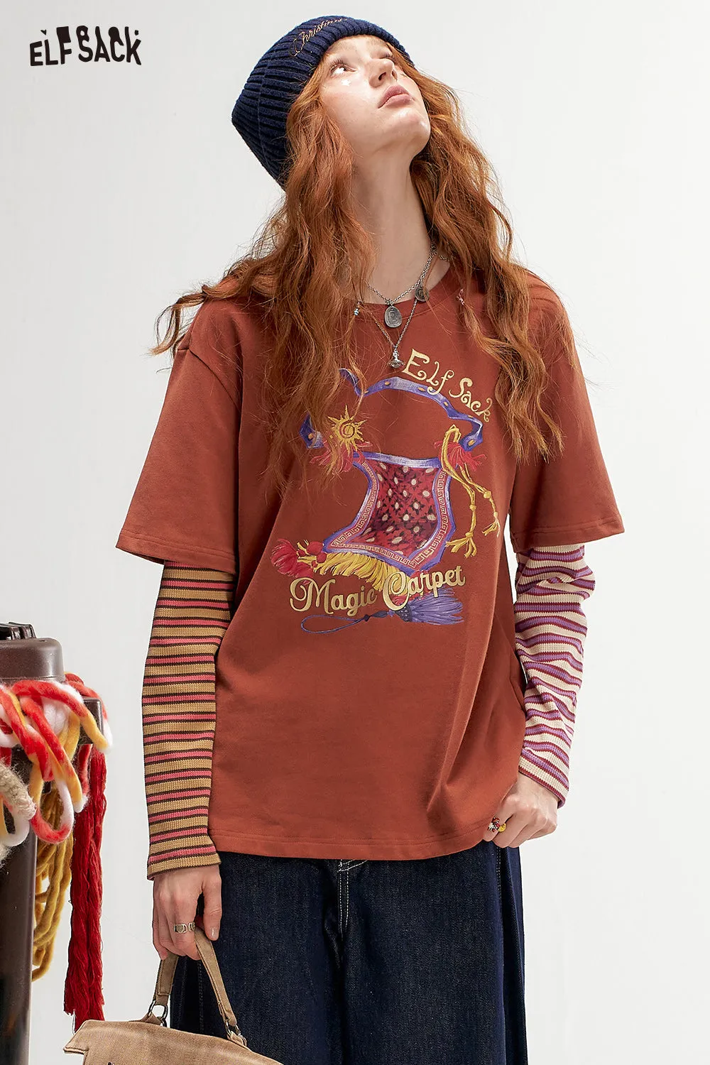ELFSACK 2024 Autumn New Arrivals Color Block Striped Layered Long Sleeve T-Shirt for Women College Style