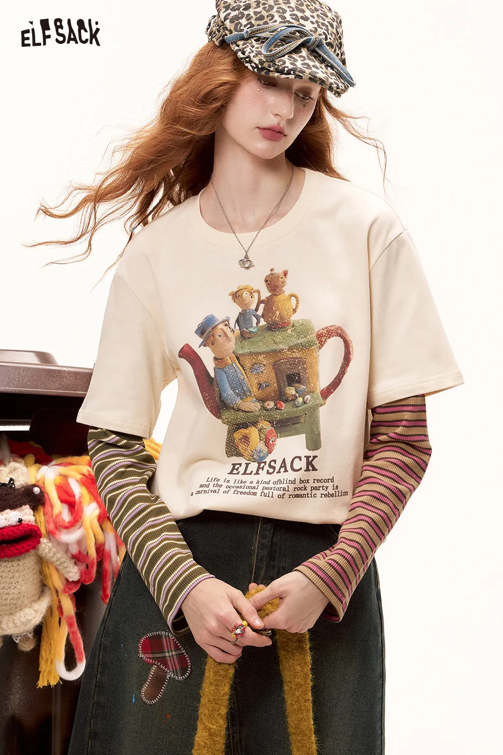 ELFSACK 2024 Autumn New Arrivals Color Block Striped Layered Long Sleeve T-Shirt for Women College Style