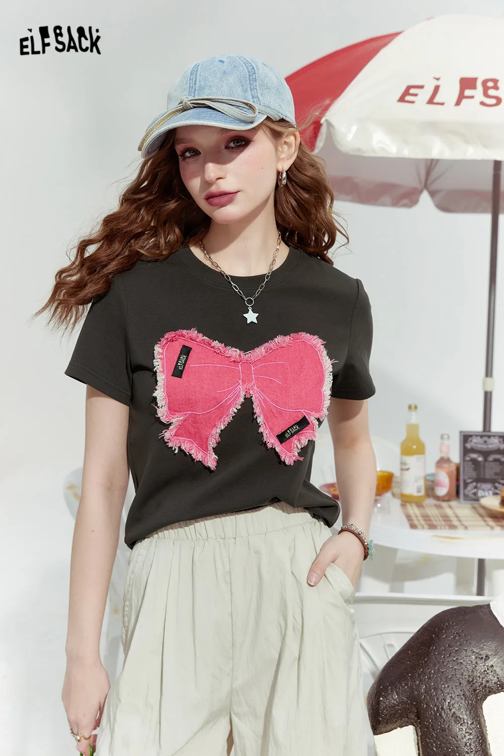 ELFSACK 2024 Summer New Bowknot slim fit gentle straight shoulder American versatile short sleeve T-shirt for women