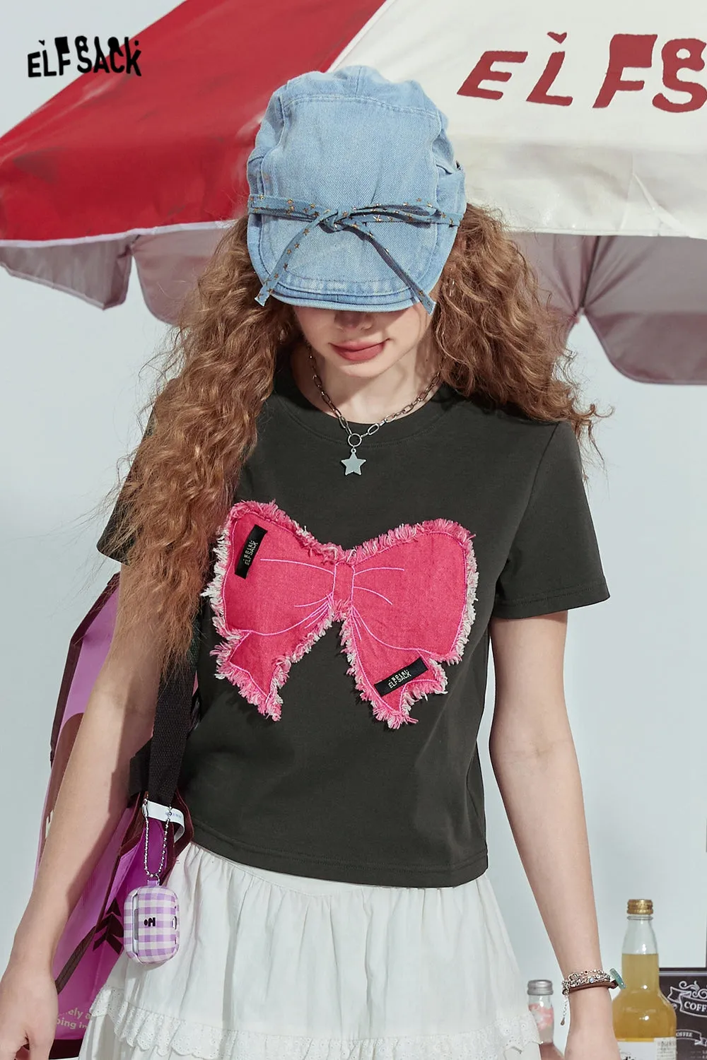 ELFSACK 2024 Summer New Bowknot slim fit gentle straight shoulder American versatile short sleeve T-shirt for women