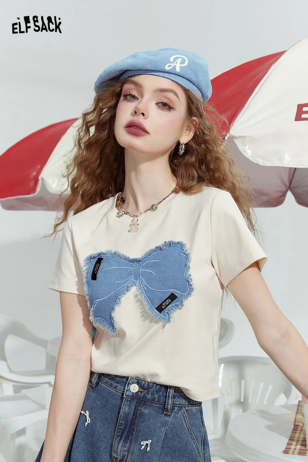 ELFSACK 2024 Summer New Bowknot slim fit gentle straight shoulder American versatile short sleeve T-shirt for women