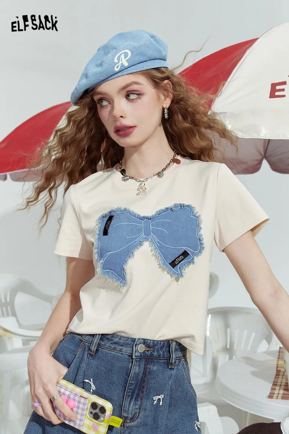 ELFSACK 2024 Summer New Bowknot slim fit gentle straight shoulder American versatile short sleeve T-shirt for women