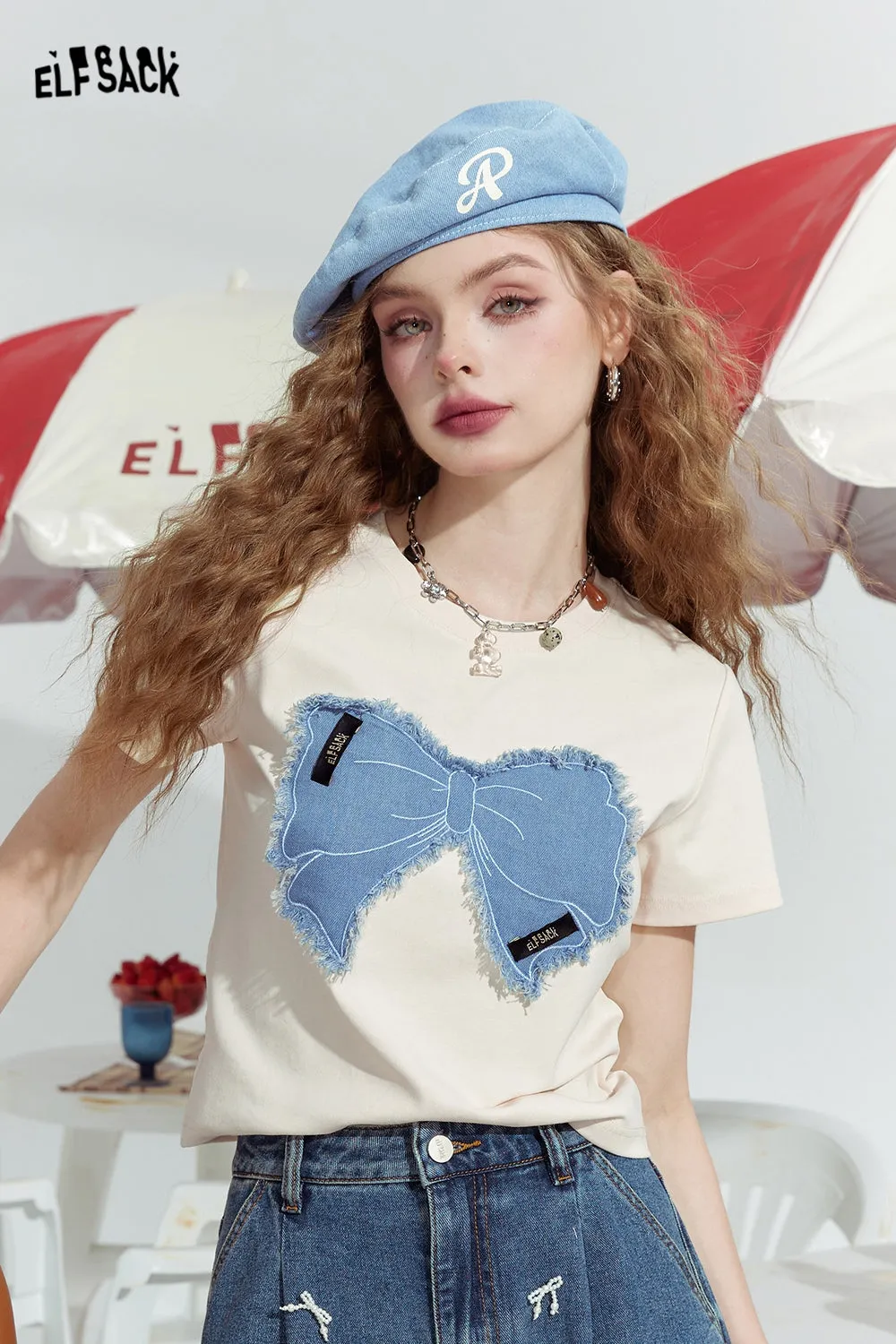 ELFSACK 2024 Summer New Bowknot slim fit gentle straight shoulder American versatile short sleeve T-shirt for women