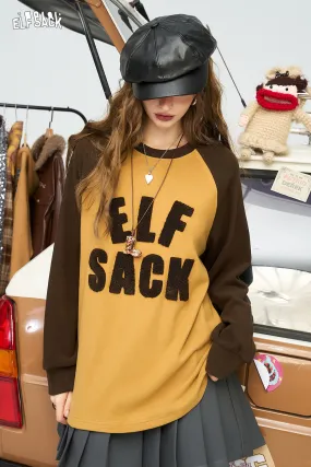 ELFSACK 2024 Winter New Arrivals Letter print shoulder loose retro long sleeved t-shirt for women