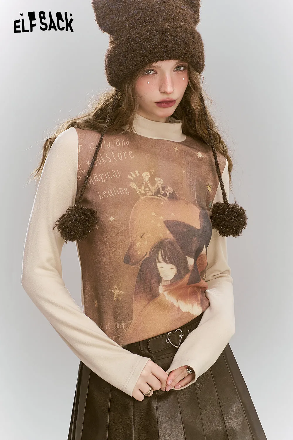 ELFSACK 2024 Winter New Arrivals Retro original printed semi high neck long sleeved t-shirt for women