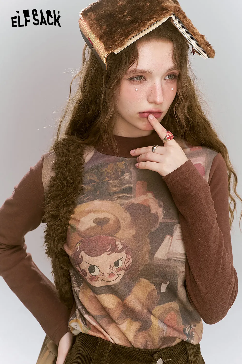 ELFSACK 2024 Winter New Arrivals Retro original printed semi high neck long sleeved t-shirt for women