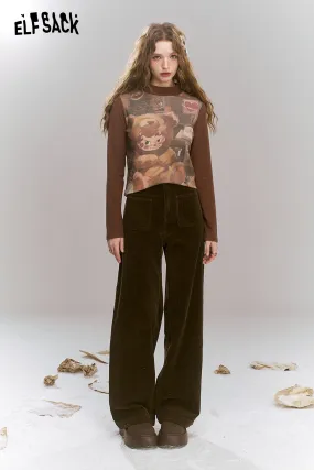 ELFSACK 2024 Winter New Arrivals Retro original printed semi high neck long sleeved t-shirt for women