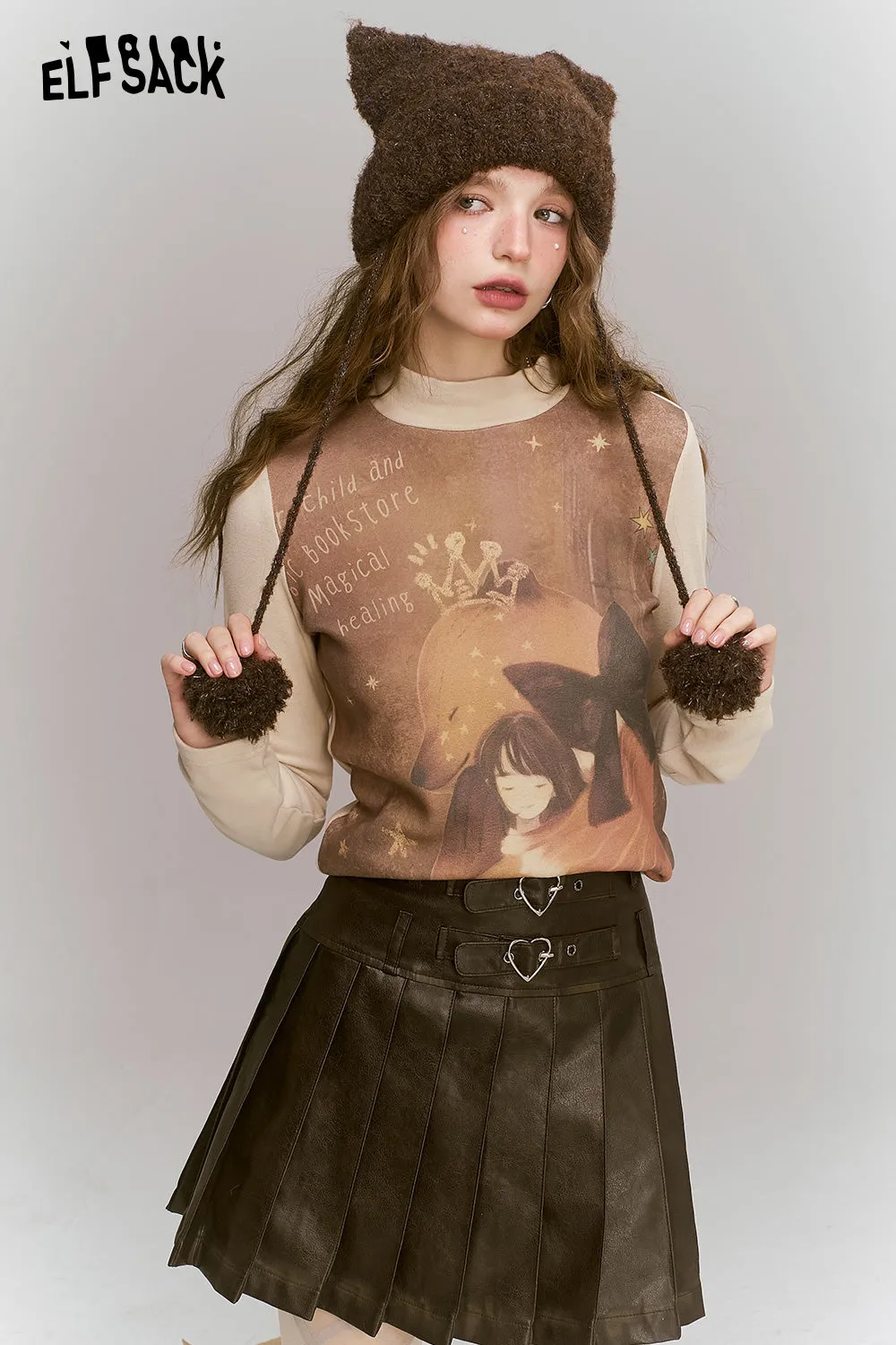 ELFSACK 2024 Winter New Arrivals Retro original printed semi high neck long sleeved t-shirt for women