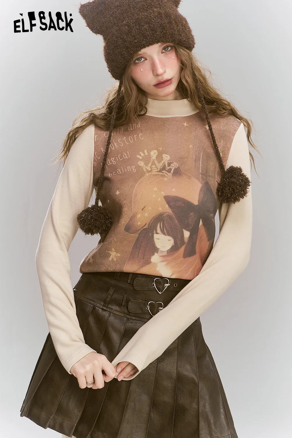 ELFSACK 2024 Winter New Arrivals Retro original printed semi high neck long sleeved t-shirt for women