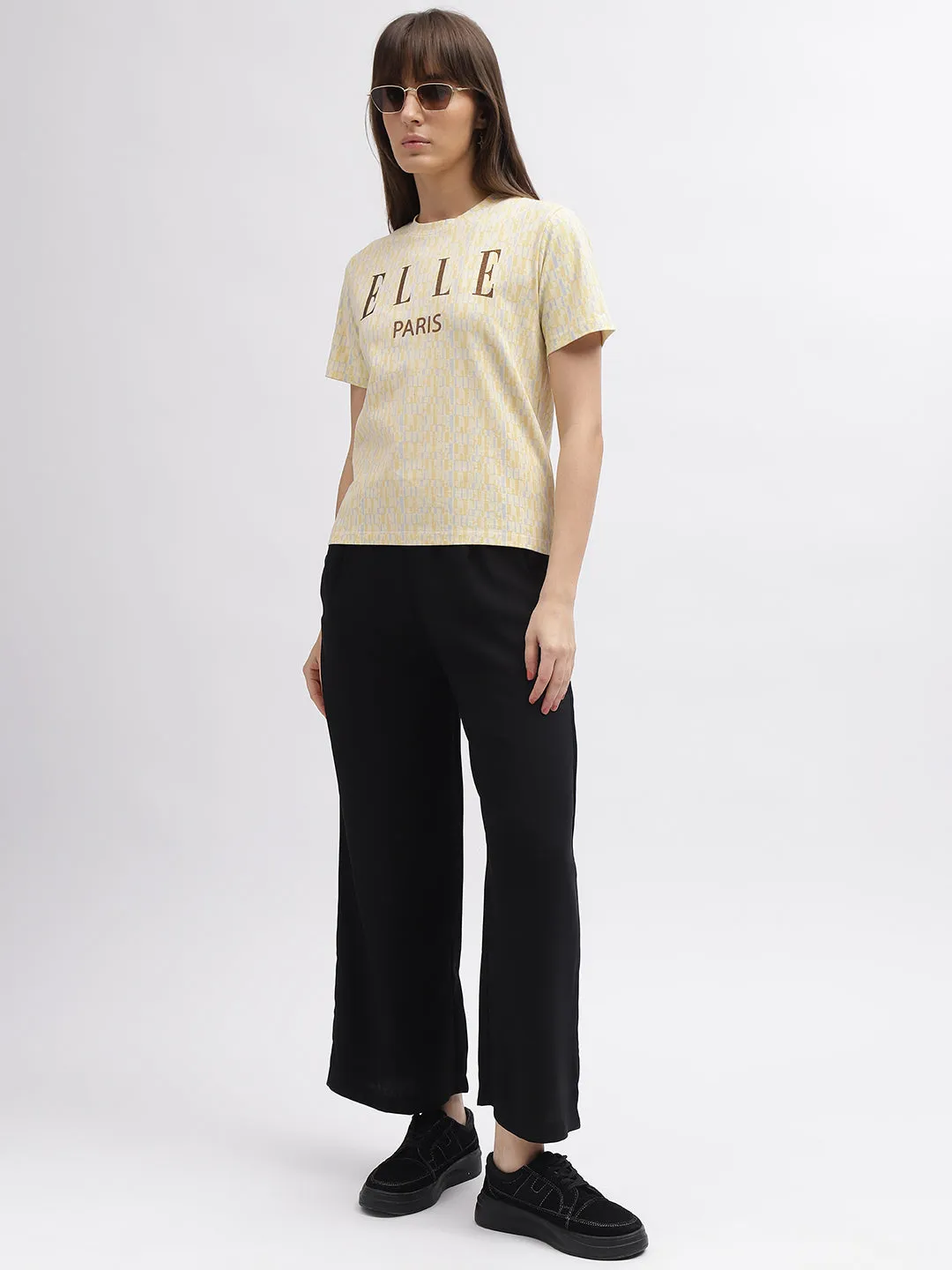 Elle Women Cream Printed Round Neck Short Sleeves T-Shirt
