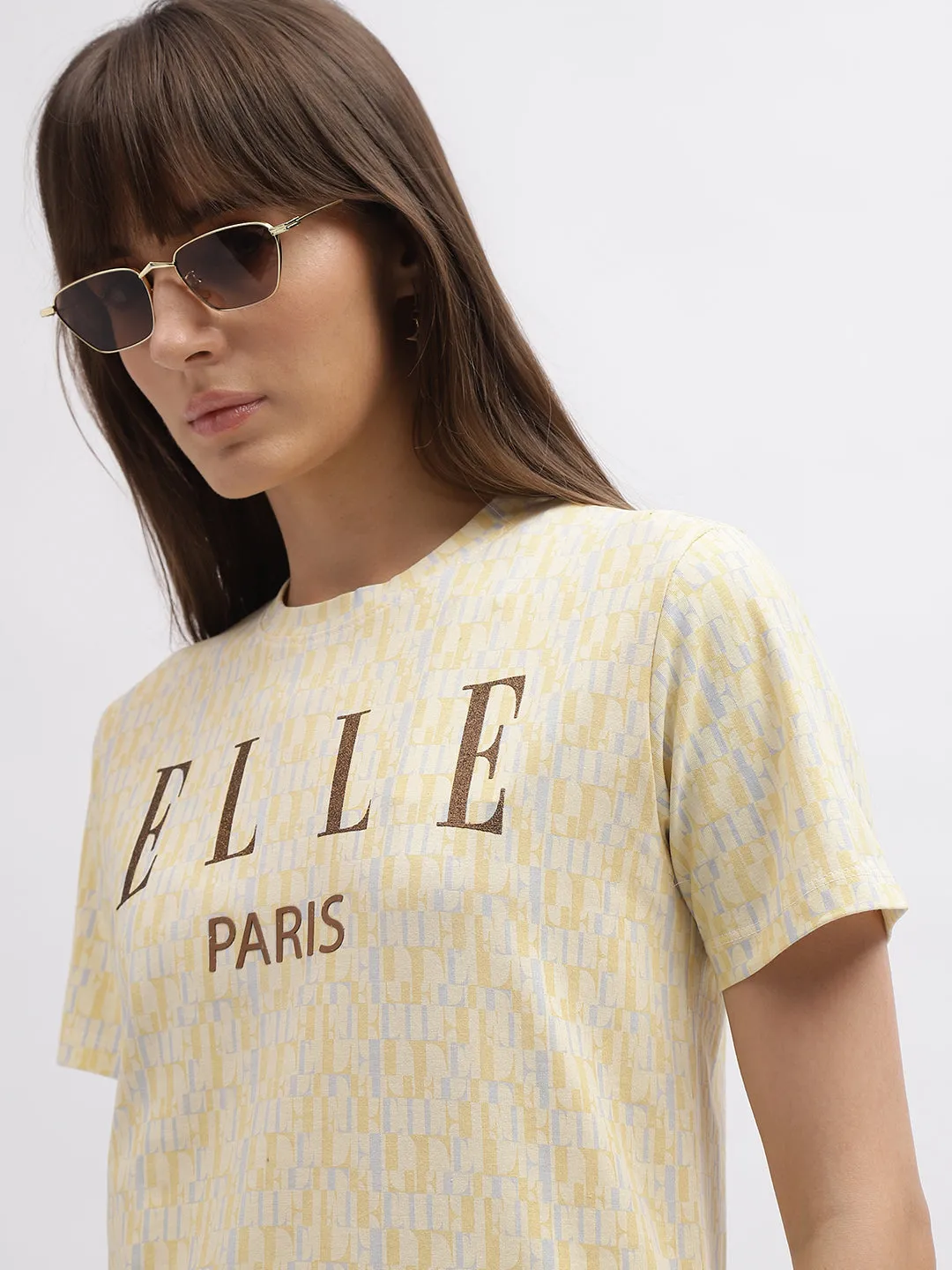 Elle Women Cream Printed Round Neck Short Sleeves T-Shirt