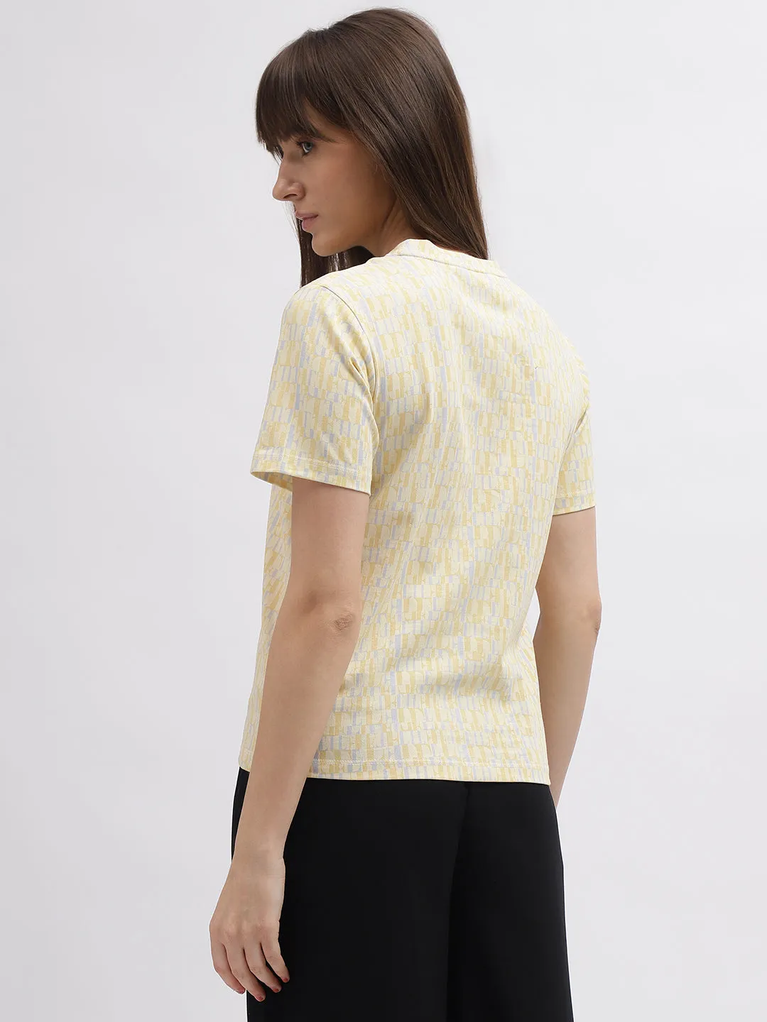 Elle Women Cream Printed Round Neck Short Sleeves T-Shirt