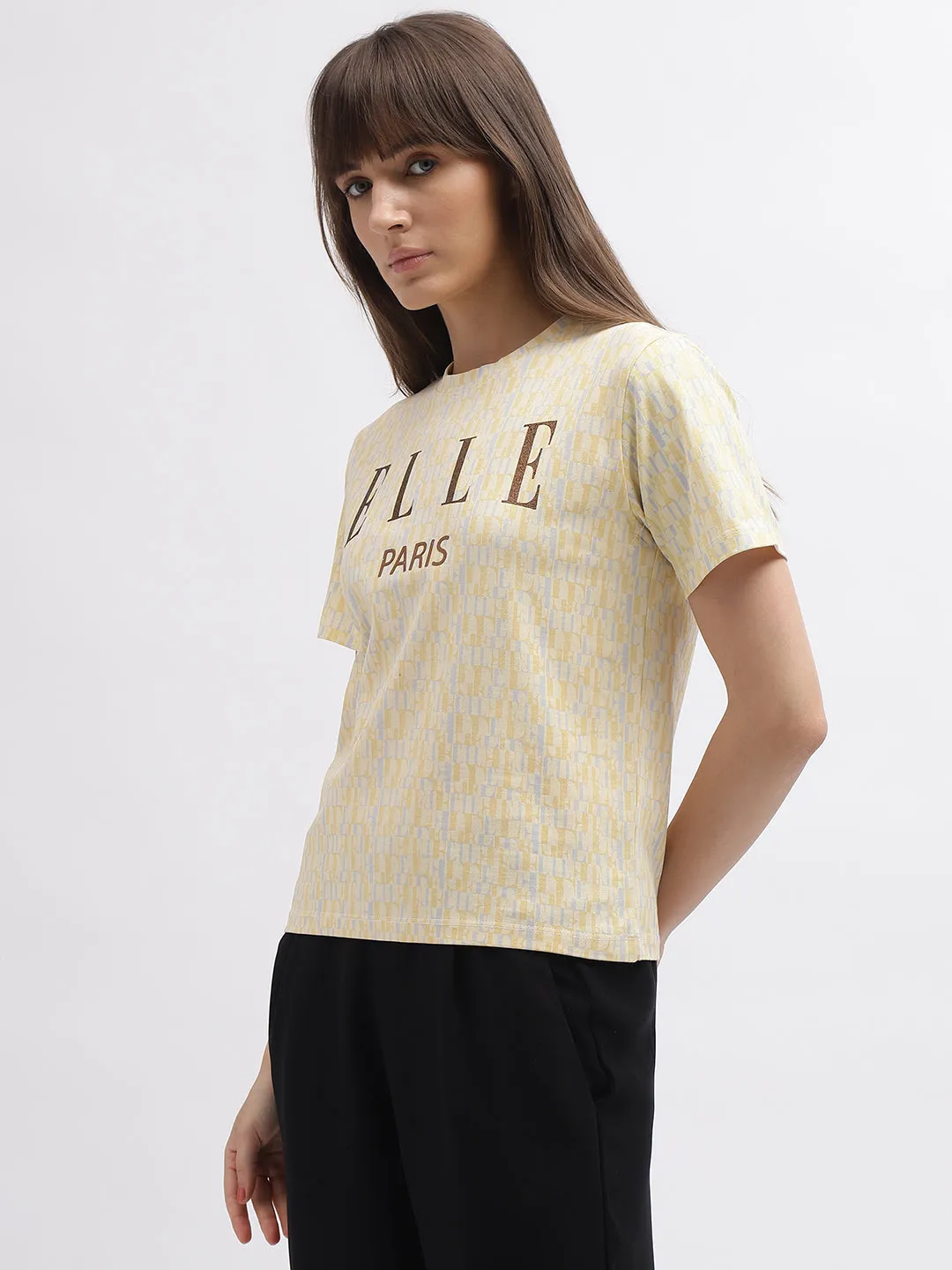 Elle Women Cream Printed Round Neck Short Sleeves T-Shirt