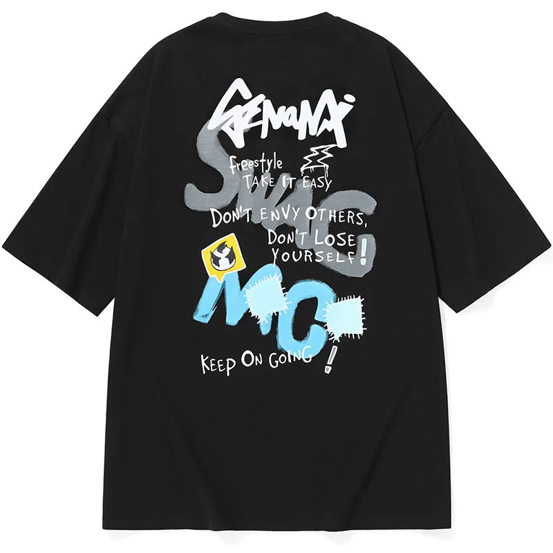 Funny Graffiti Cartoon Patches Letter Print T-Shirt