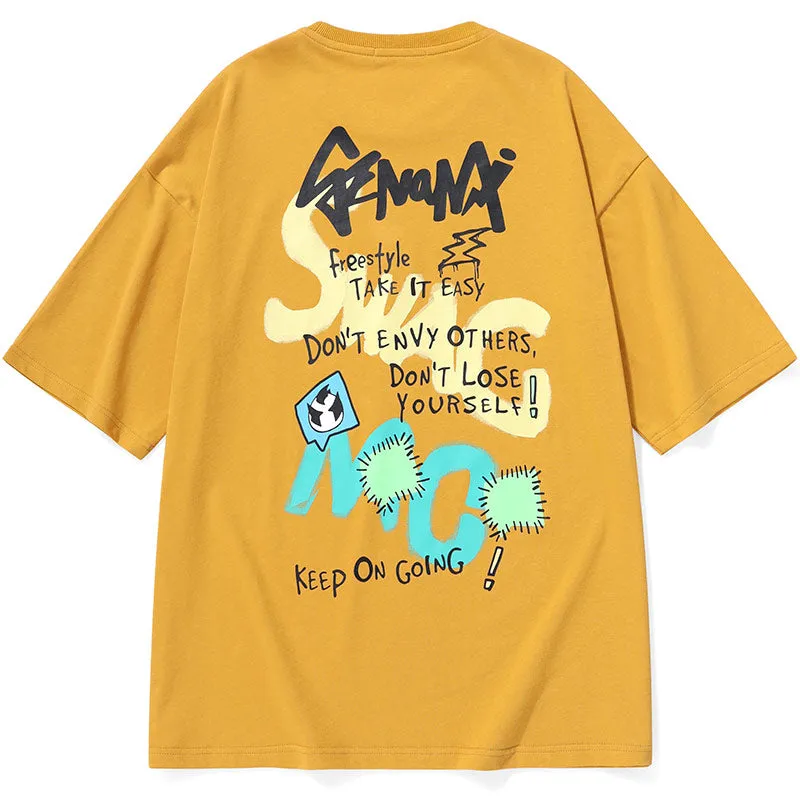 Funny Graffiti Cartoon Patches Letter Print T-Shirt