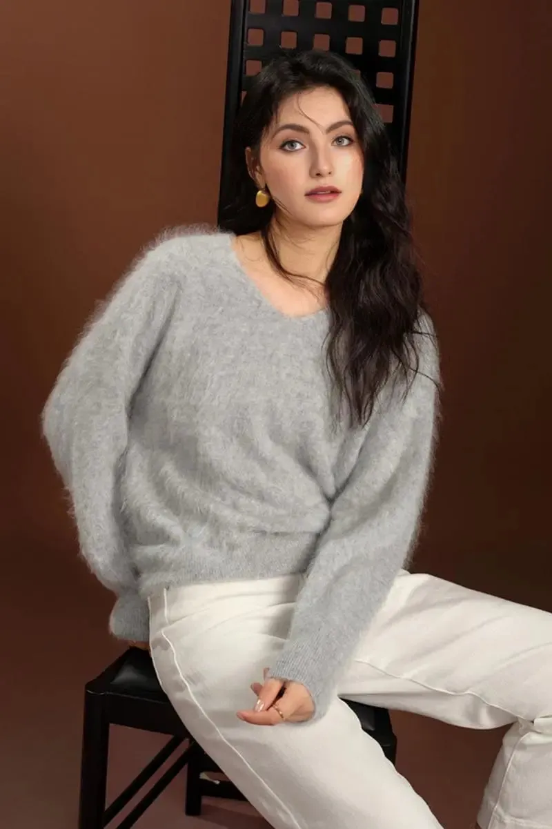 Fuzzy 100 Cashmere V-Neck Sweater