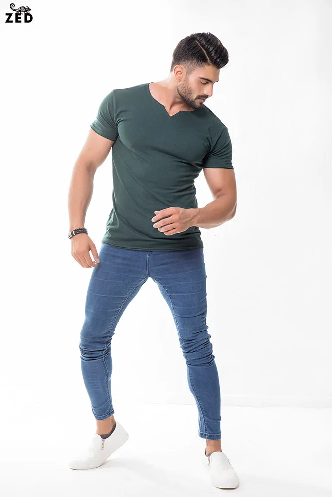 Green Notch Neck With Lycra