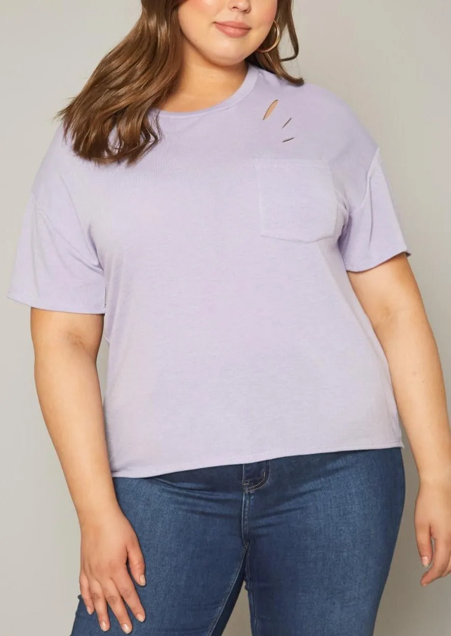 Hi Curvy Plus Size Women Distressed Crew Neck T-Shirt