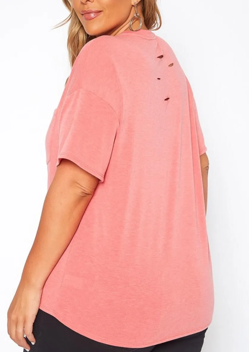 Hi Curvy Plus Size Women Distressed Crew Neck T-Shirt