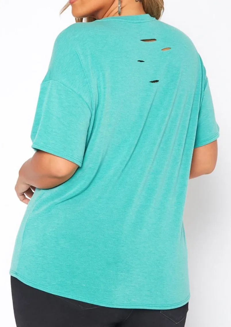 Hi Curvy Plus Size Women Distressed Crew Neck T-Shirt