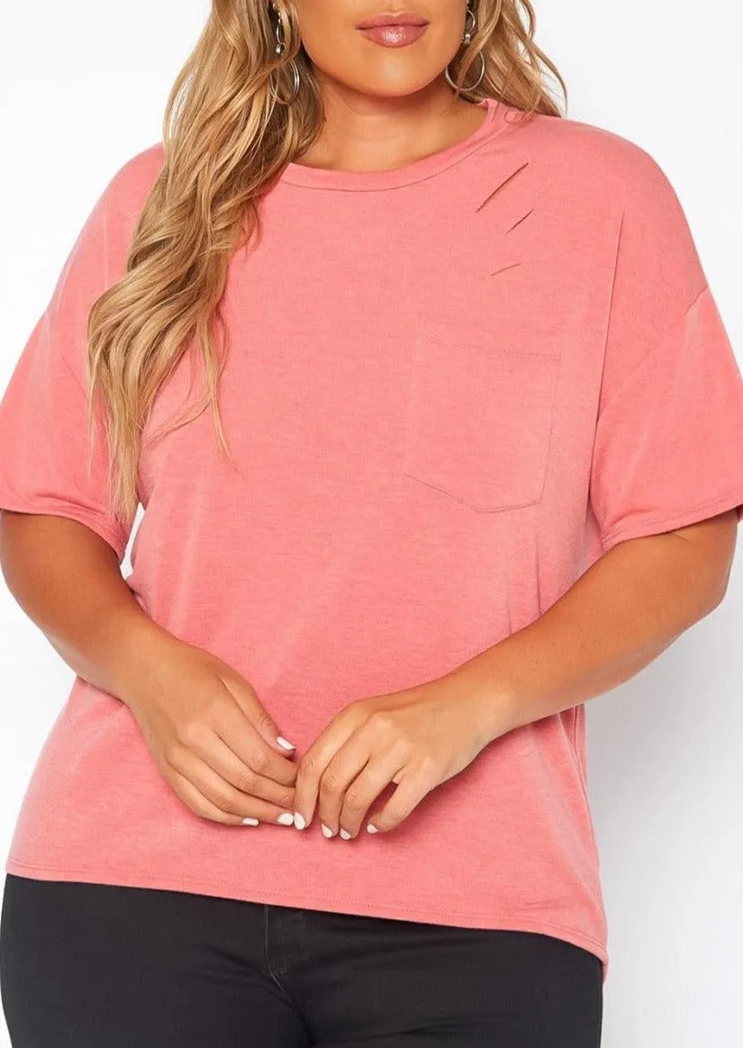 Hi Curvy Plus Size Women Distressed Crew Neck T-Shirt