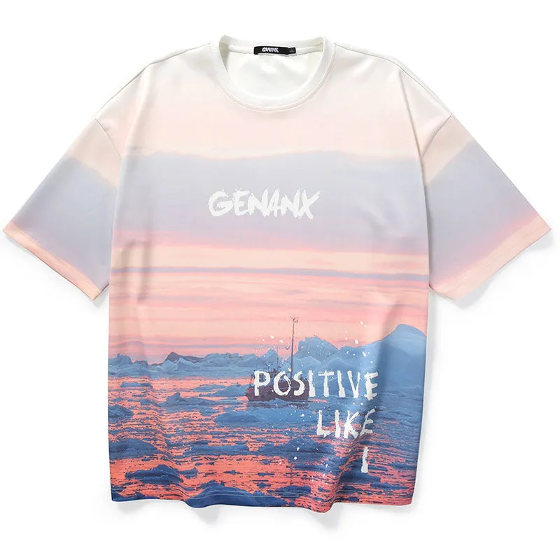 Letter Iceberg Print Space Cotton T-Shirt