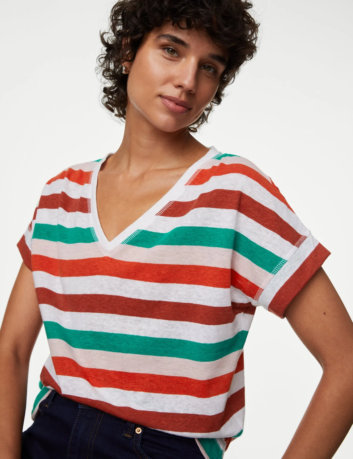 Linen Rich Striped V-Neck T-Shirt