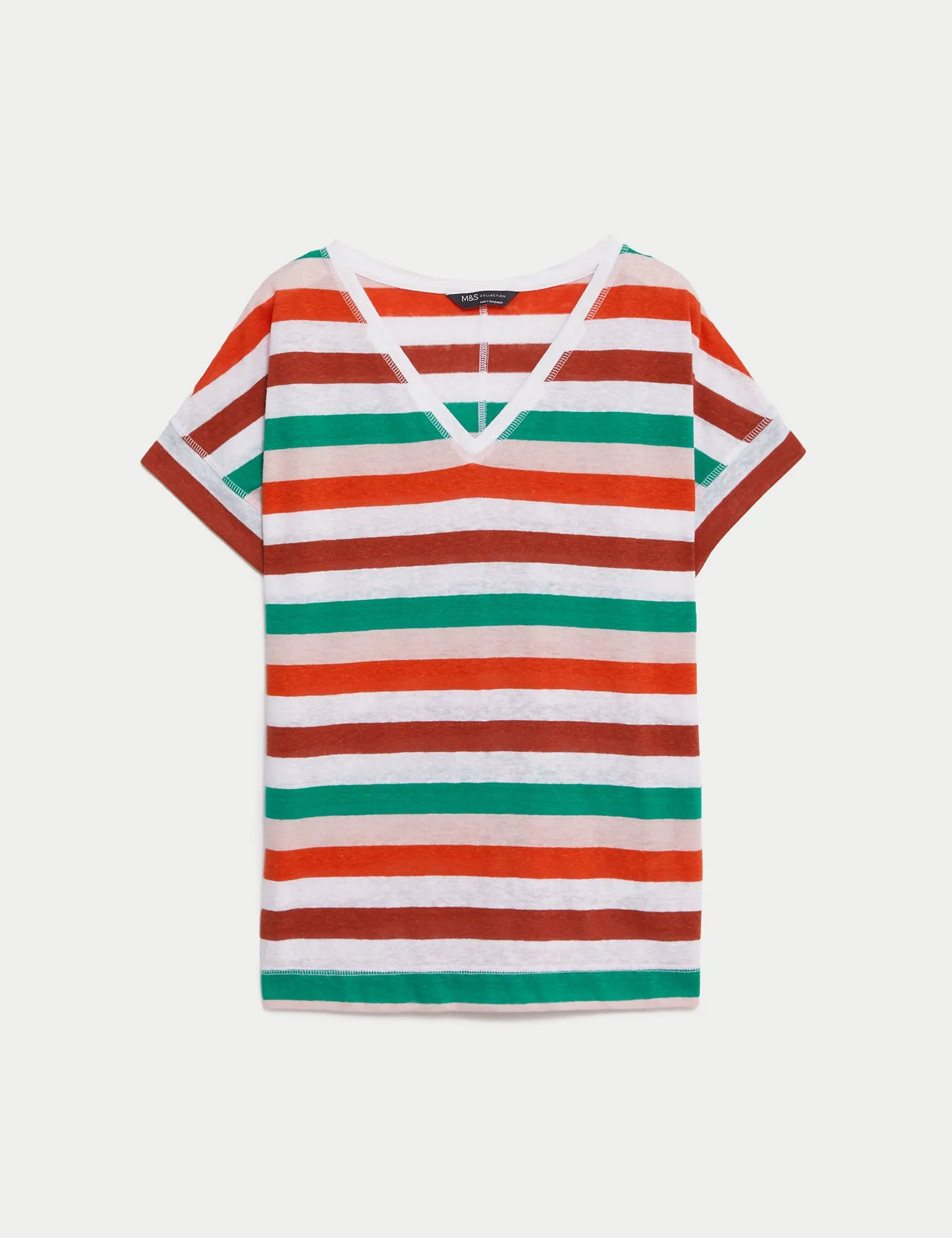Linen Rich Striped V-Neck T-Shirt