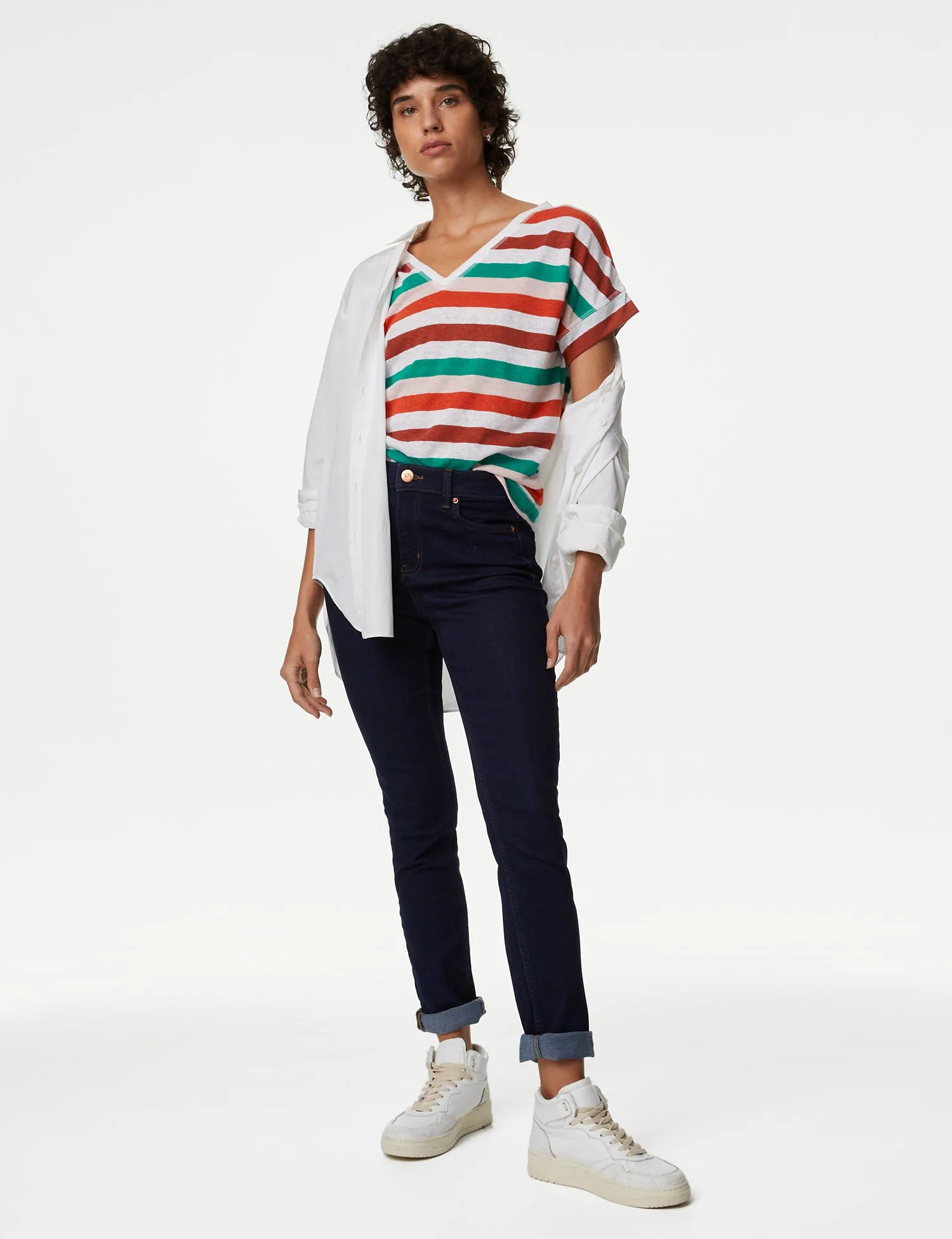 Linen Rich Striped V-Neck T-Shirt