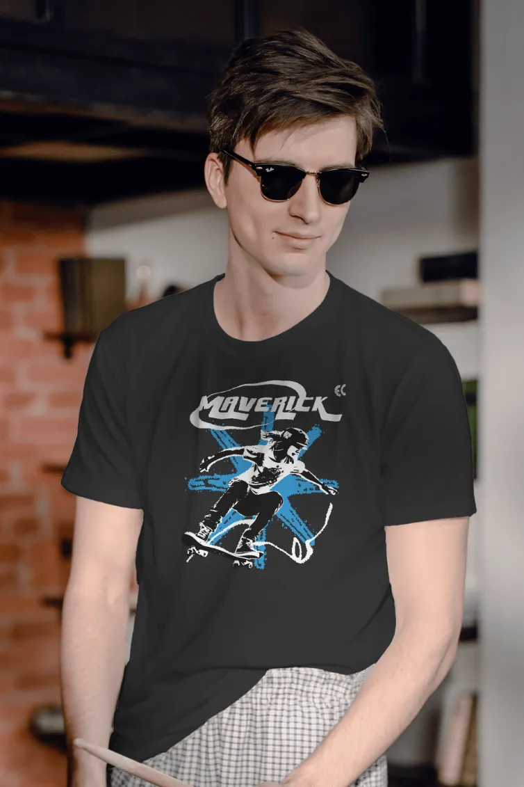 Maverick Skateboarder Black Printed T-shirt for men