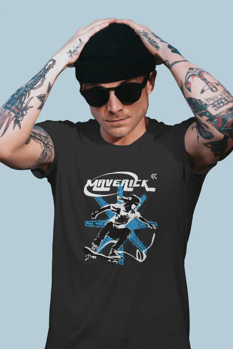 Maverick Skateboarder Black Printed T-shirt for men
