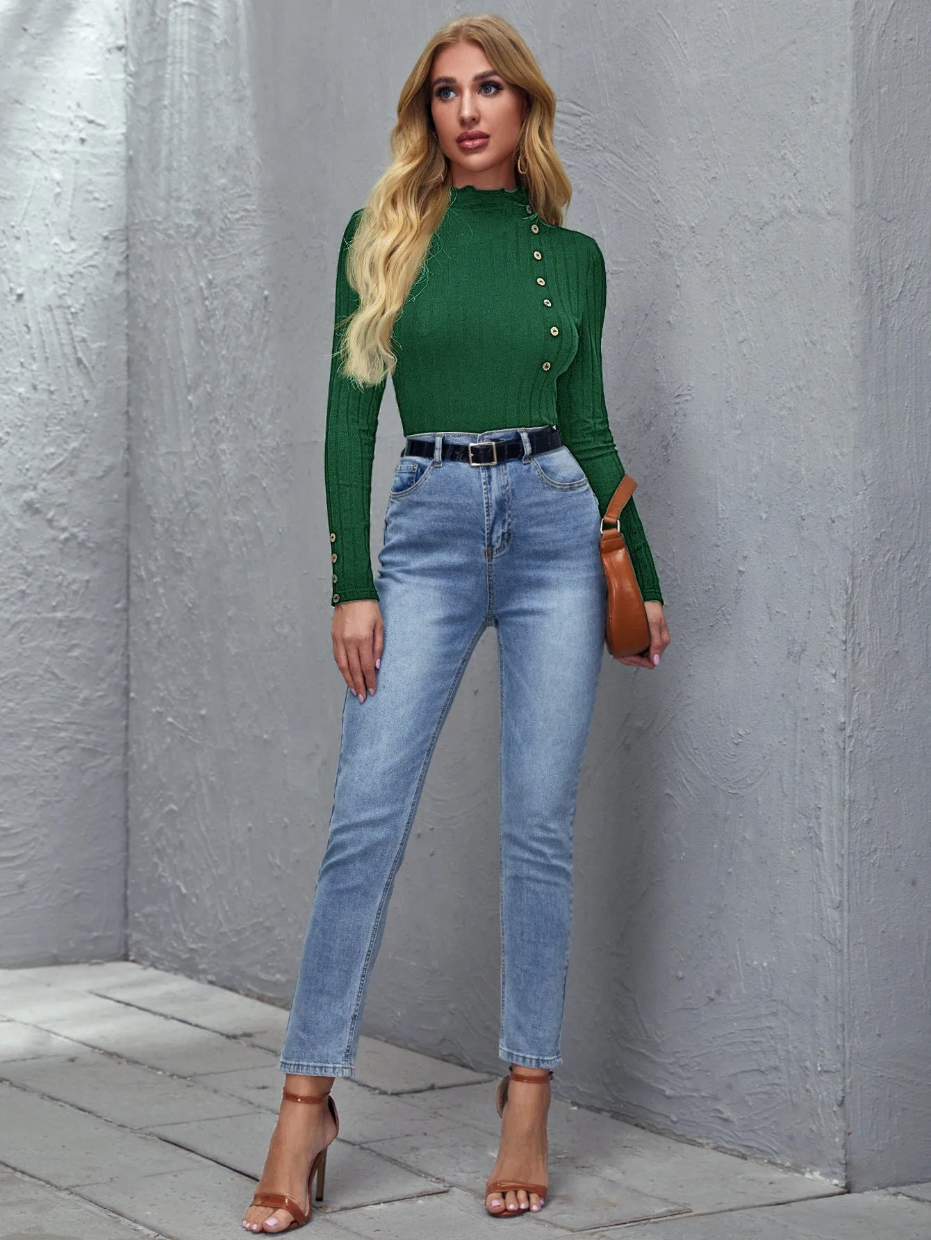 Mock Neck Lettuce Trim Button Detail Fitted Top