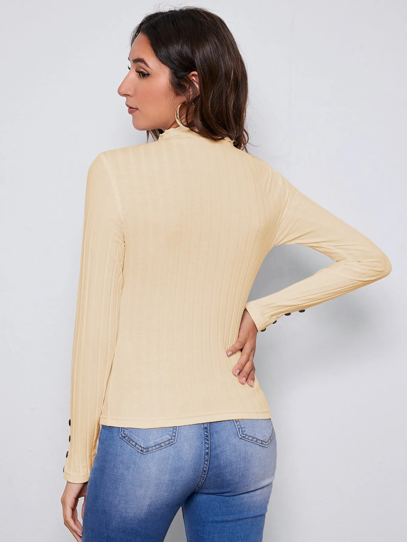 Mock Neck Lettuce Trim Button Detail Fitted Top