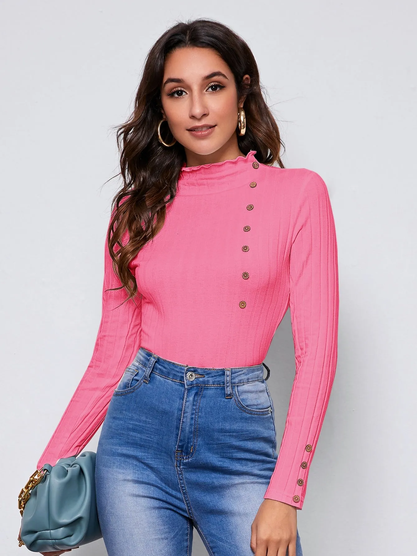 Mock Neck Lettuce Trim Button Detail Fitted Top