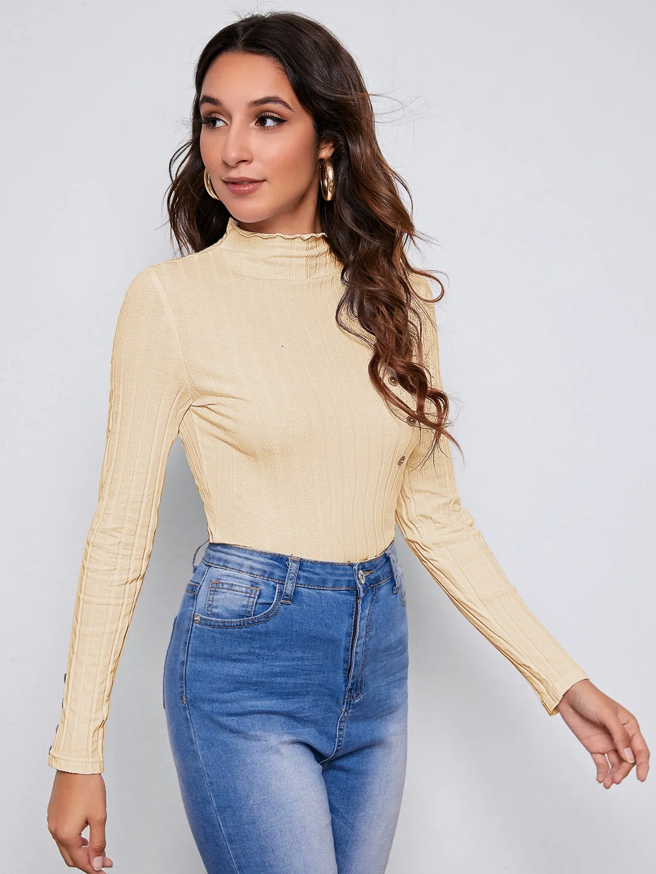 Mock Neck Lettuce Trim Button Detail Fitted Top