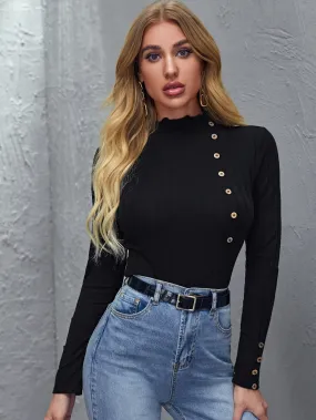 Mock Neck Lettuce Trim Button Detail Fitted Top