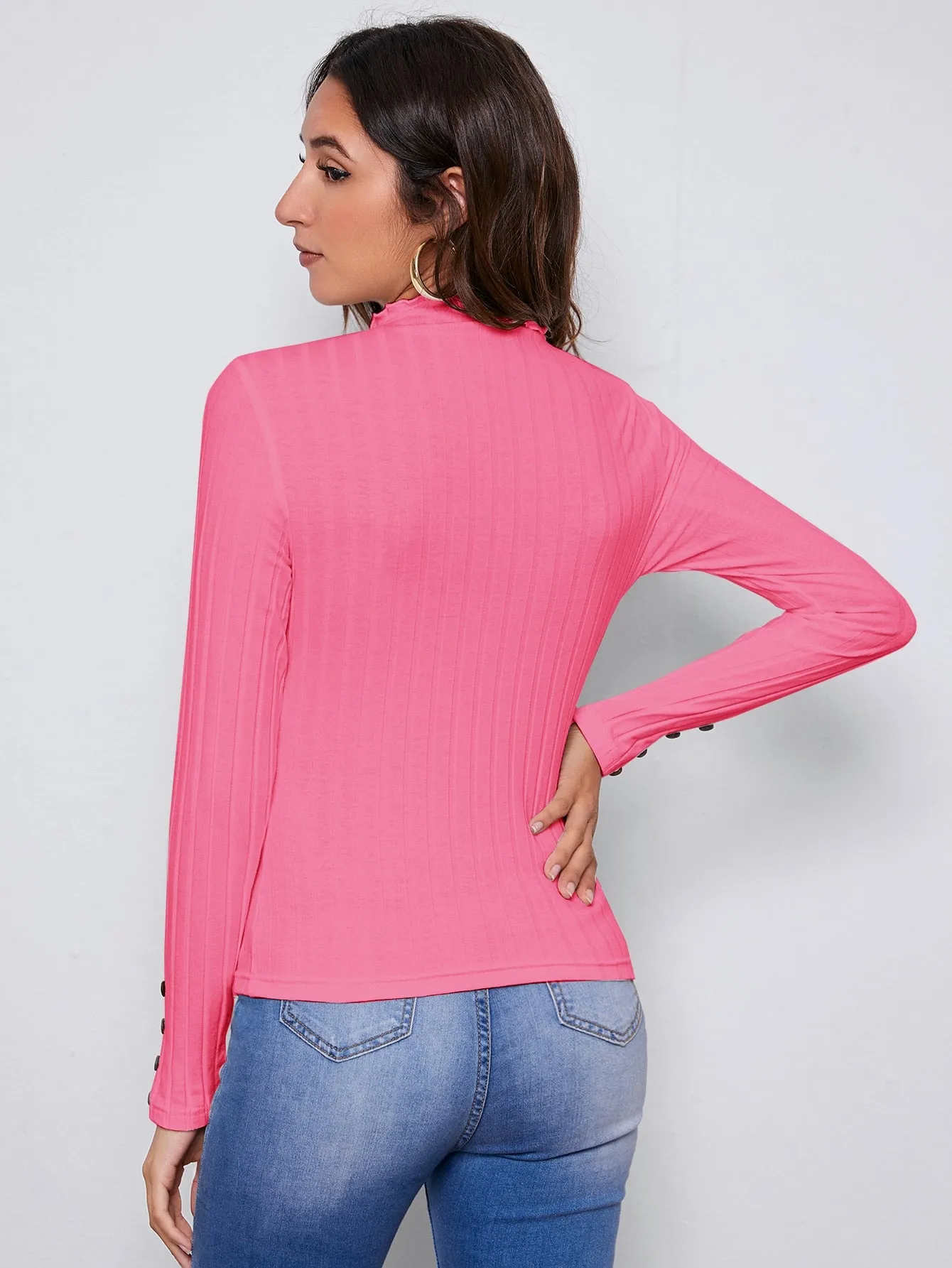 Mock Neck Lettuce Trim Button Detail Fitted Top