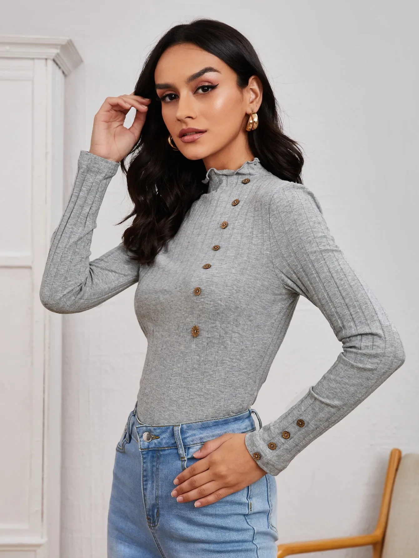 Mock Neck Lettuce Trim Button Detail Fitted Top