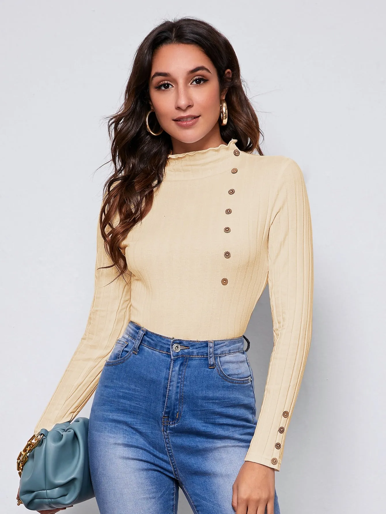 Mock Neck Lettuce Trim Button Detail Fitted Top